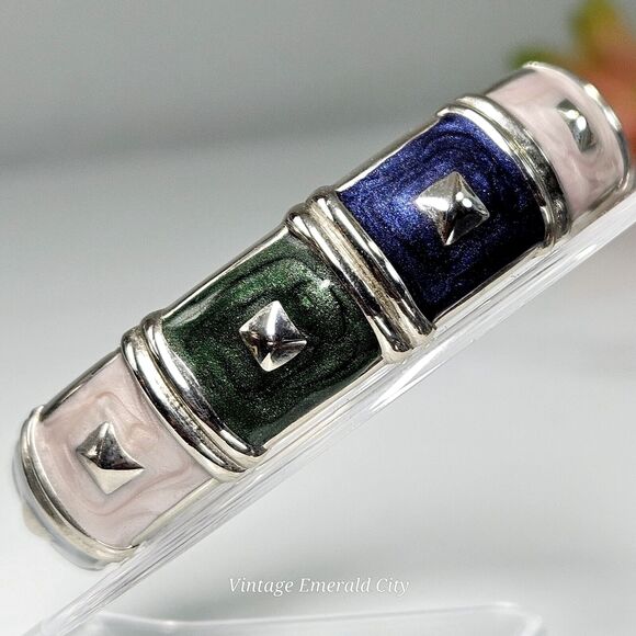 Vtg Geo Glam Enamel Clamper Silver Tone Hinge Bangle Bracelet Green Pink & Blue - Picture 1 of 12